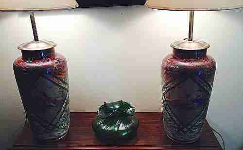 pair french large 19th century table lamps enamelled and etched porcelaine