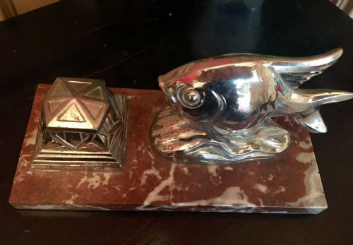 art deco fish pen rest and inkwell chrome on marble