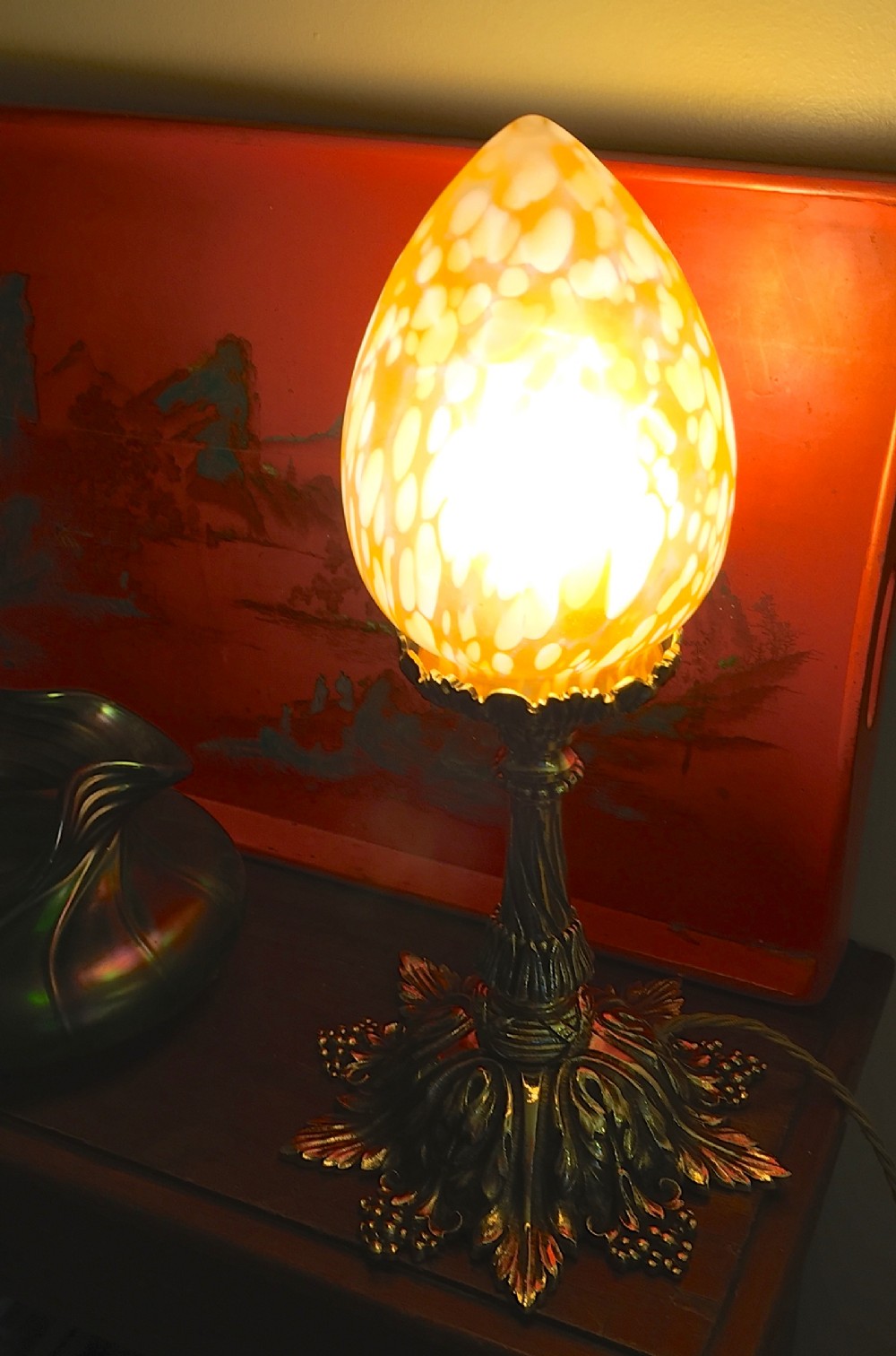 art nouveau table lamp bronze and mottled opaline
