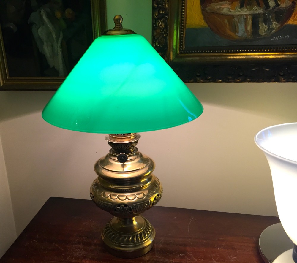 1800 French Oil Lamp Converted Brass And Green Opaline Coolie Shade