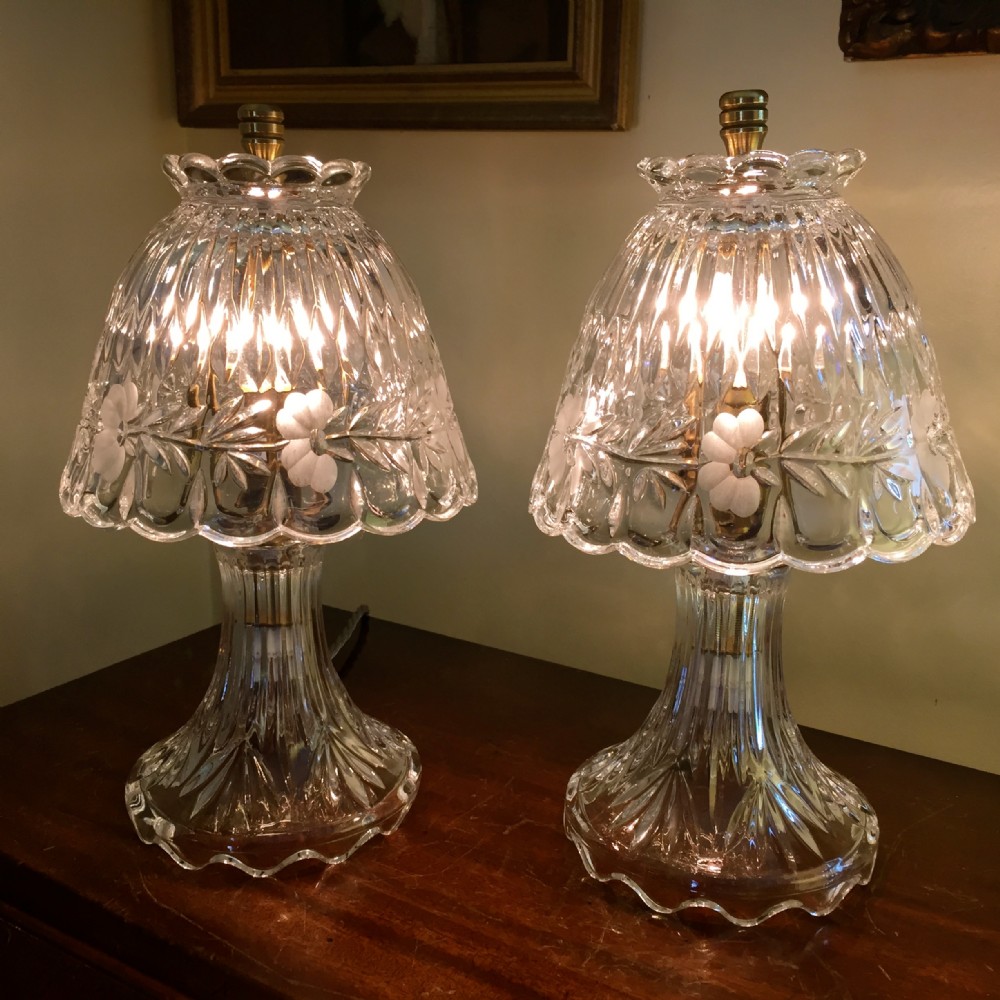 fine pair crystal glass boudoir lamps