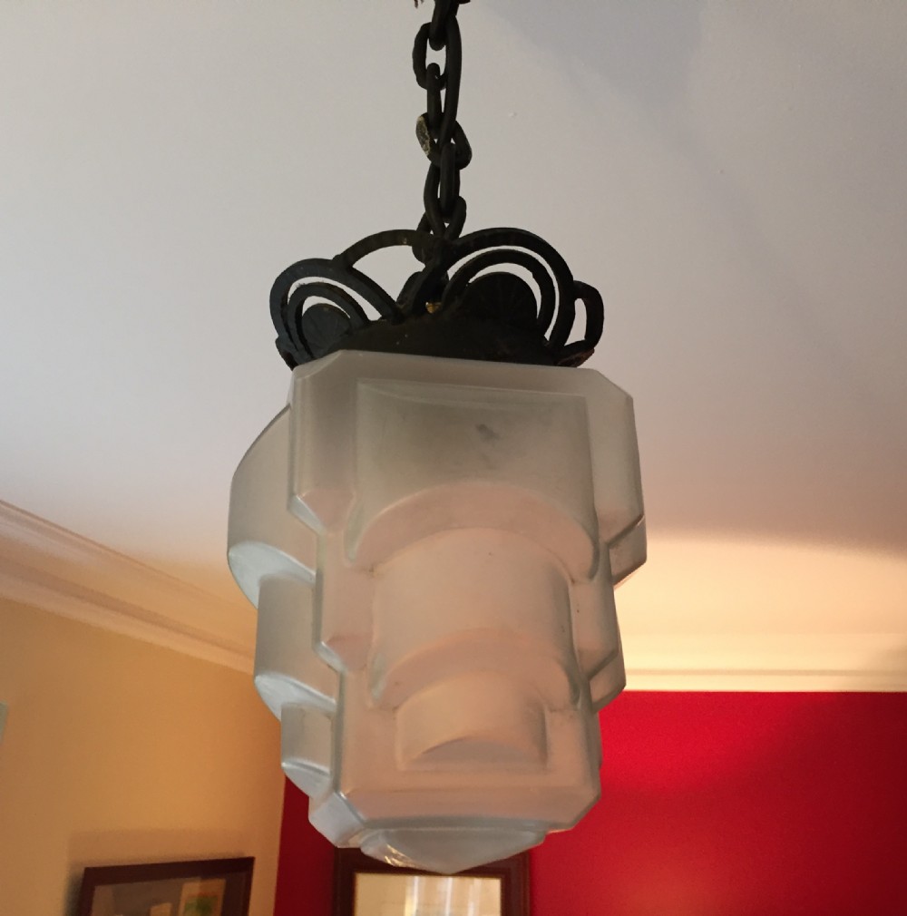iconic art deco ceiling lamp wrought iron and frosted glass