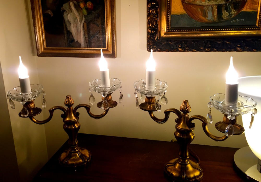 pair table chandeliers ttette brass and crystal