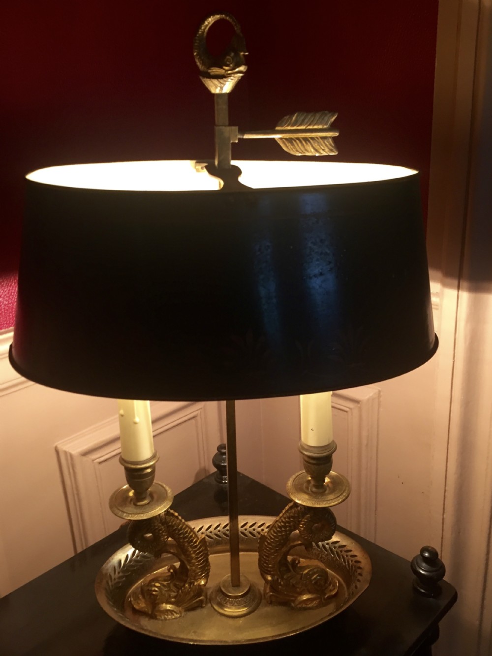 Traditional Bouillotte Desk Lamp Dolphin Bronze And Green Tole