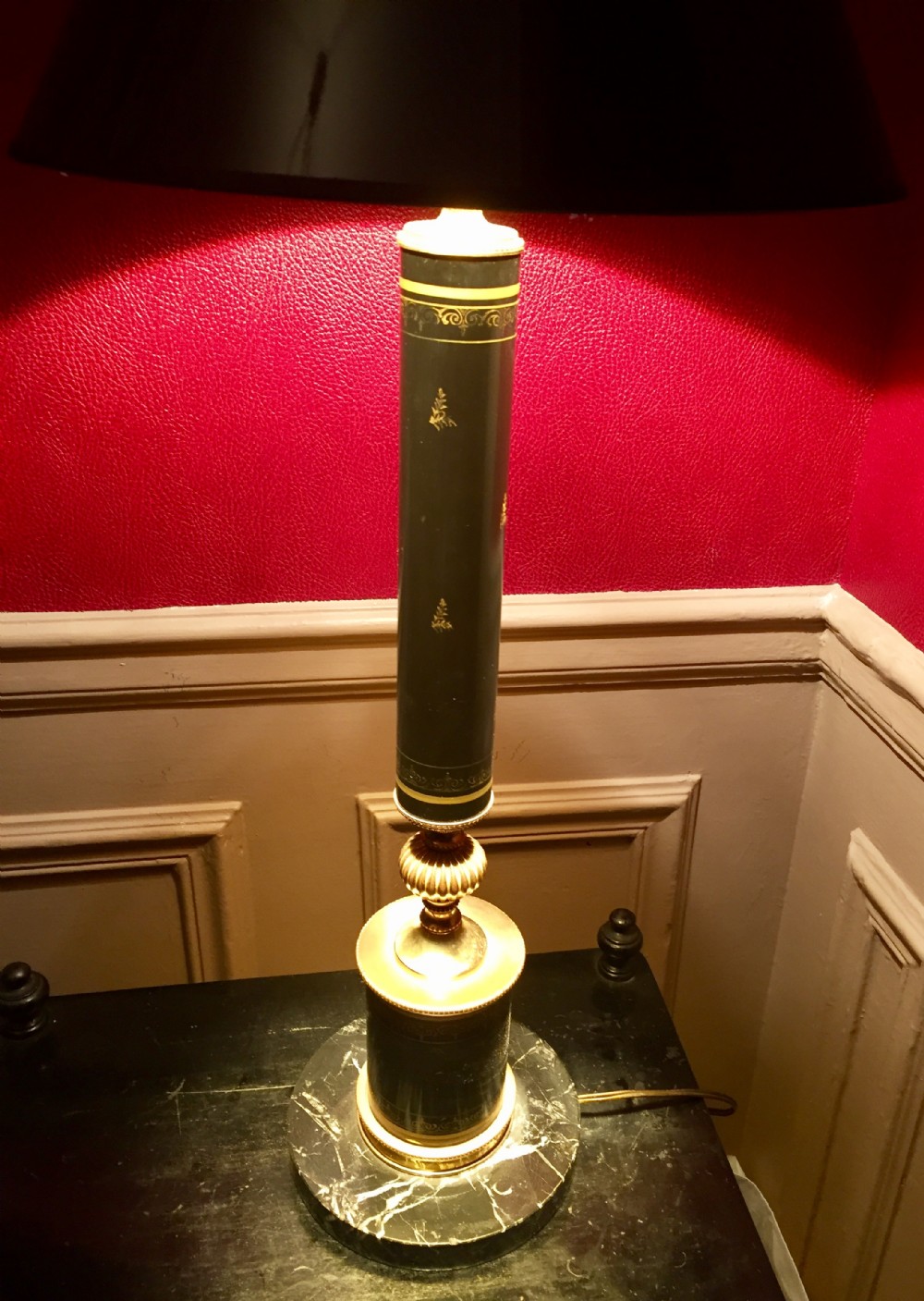 handsome tall empire style table lamp black toleware