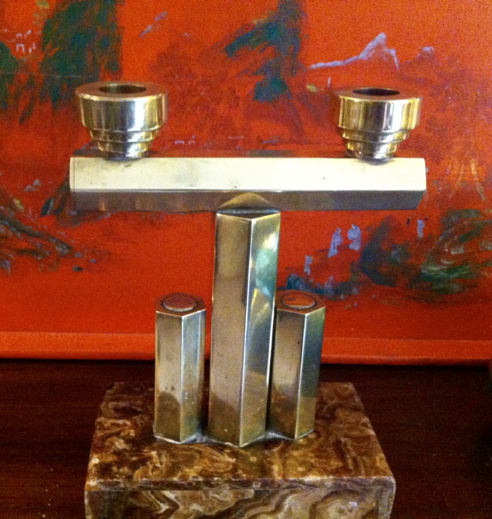 art deco two arm candle holder brass on marble