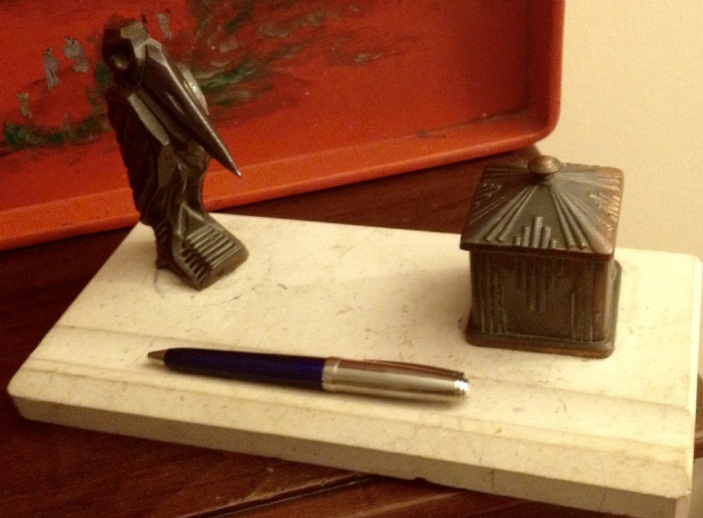 art deco pelican pen rest and inkwell bronze on marble