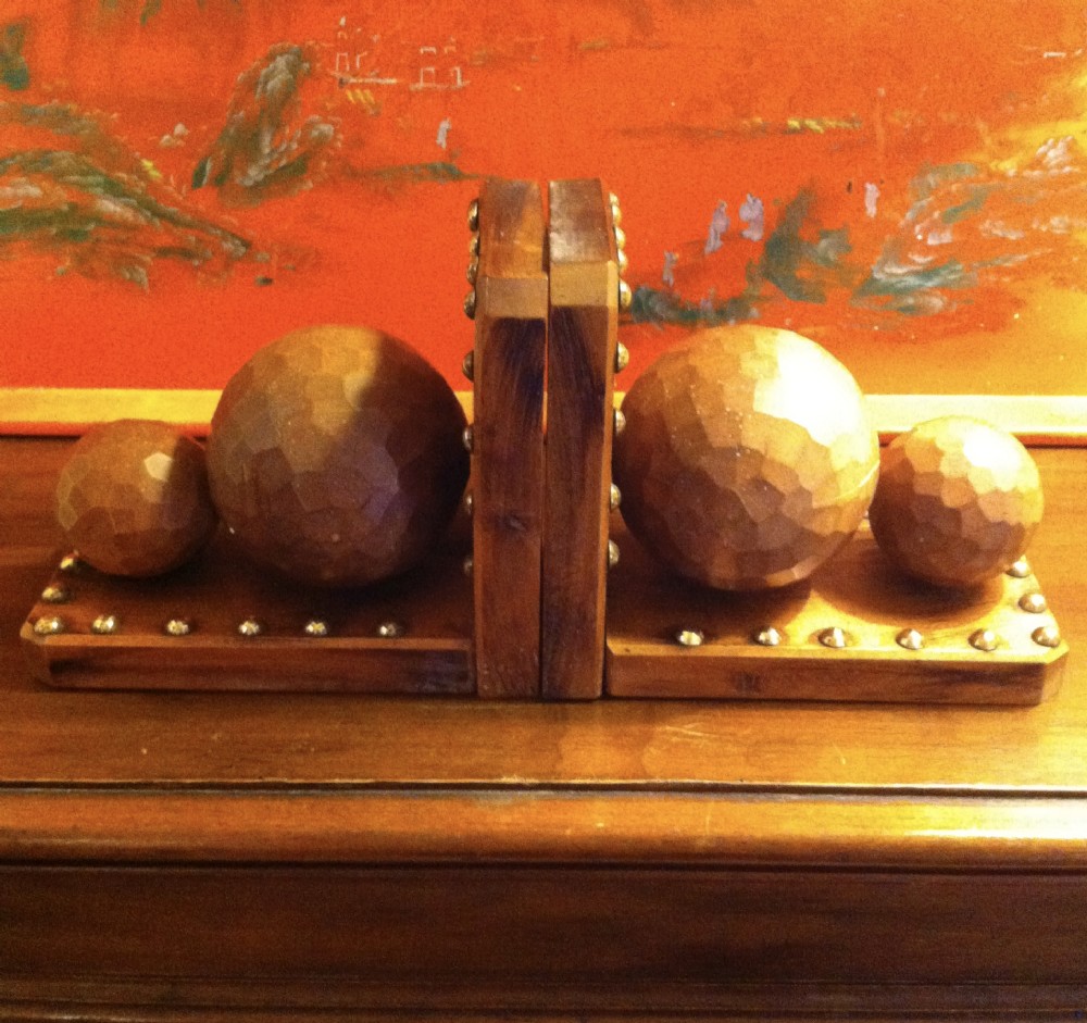 pair art deco book ends golden oak