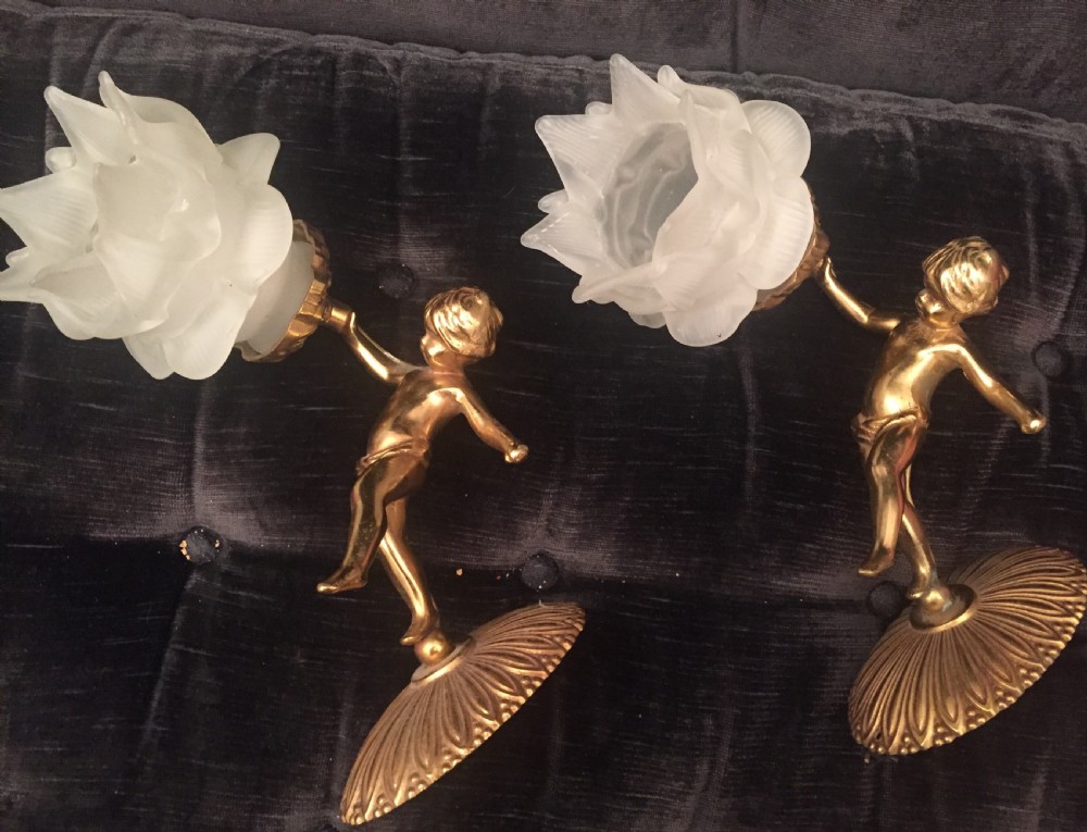 pair gilt bronze cherub wall lights