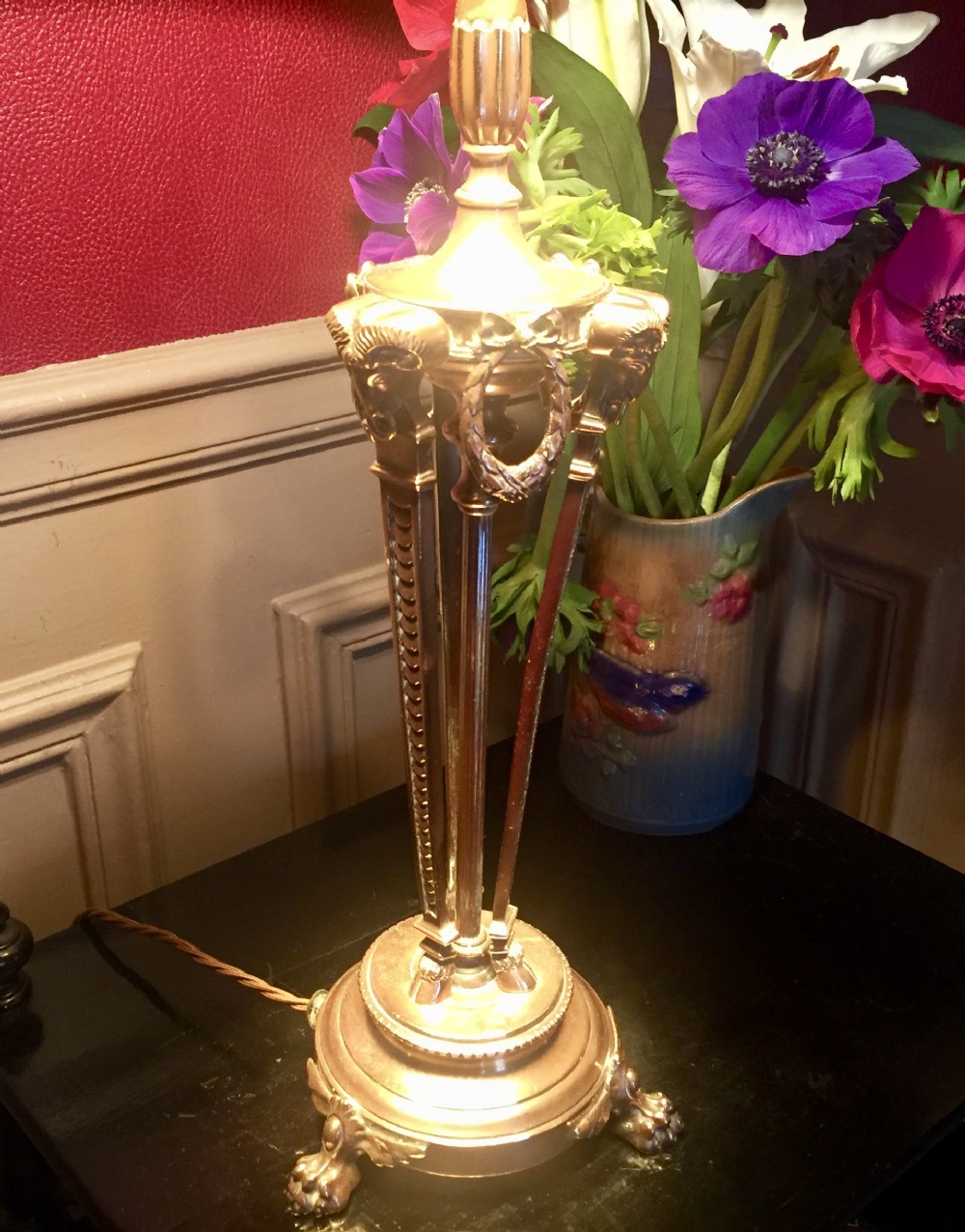 french empire copper table lamp rams heads and laurels