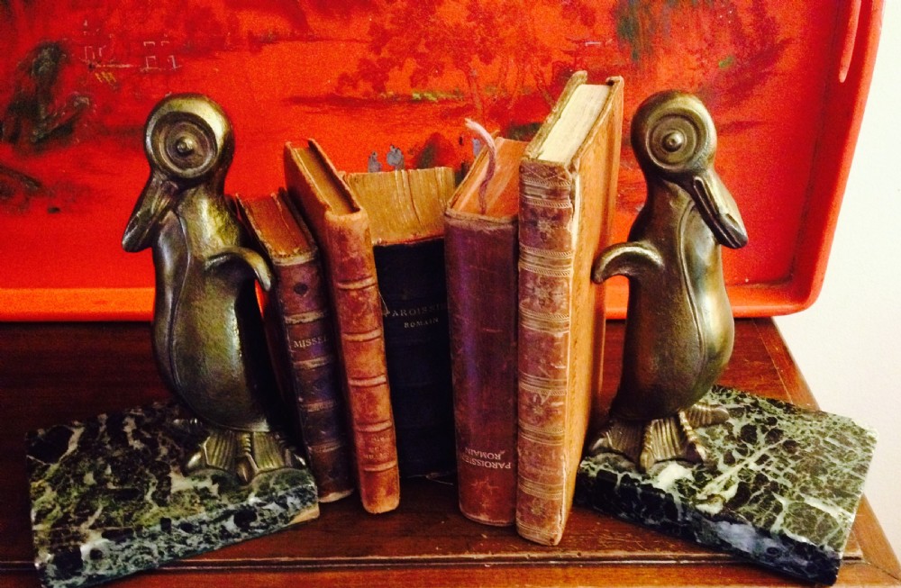 pair art deco penguins book ends bronze on marble
