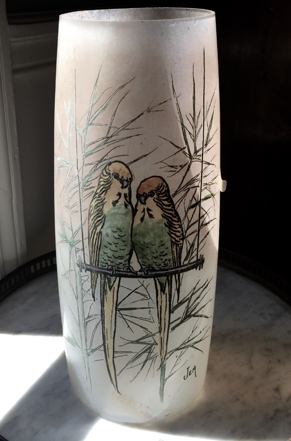 art deco enamelled vase lovebirds by jem