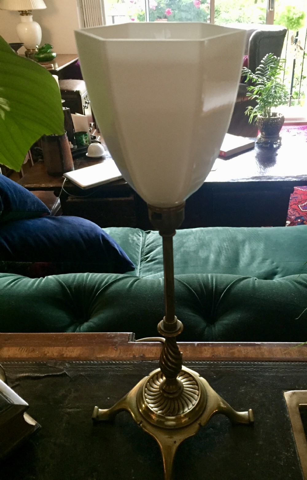 classic edwardian pullman lamp brass and opaline
