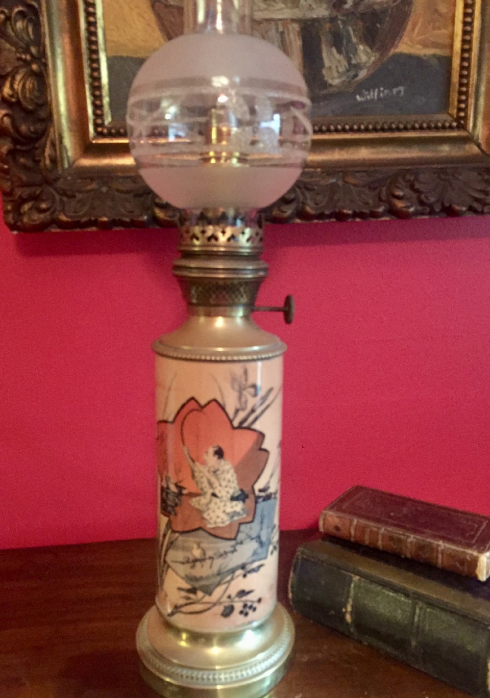 1900 enamelled japanned converted oil lamp