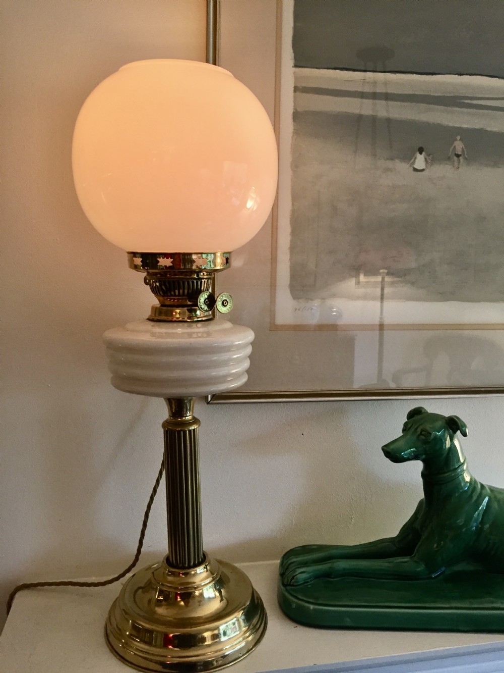 edwardian converted oil lamp opaline and brass